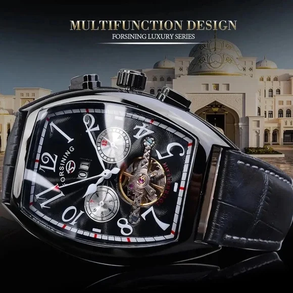 Forsining Automatic Watch Men Sport Tonneau Shaped Leather WaterproofDate